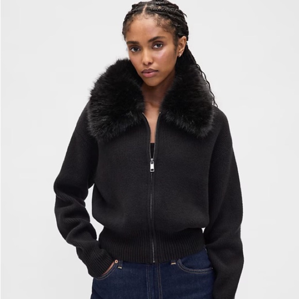 Gap CashSoft Faux-Fur Collar Zip Cardigan Sweater